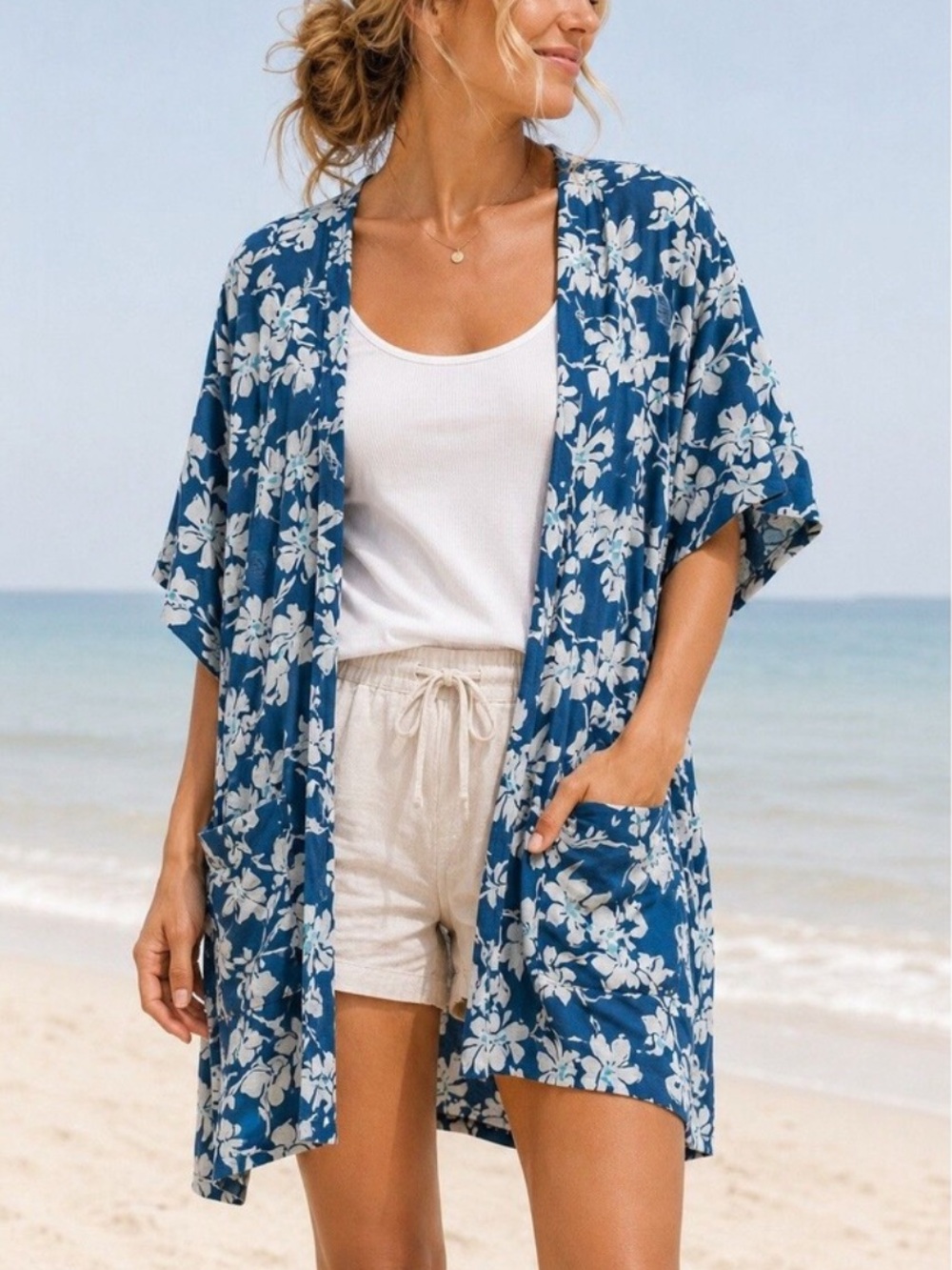 Natural By Known Supply Organic Cotton Blue Floral Cardigan Kimono-M/L